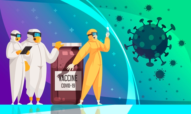Coronavirus flat color poster with medical staff in protective suits and big jar of vaccine vector illustration
