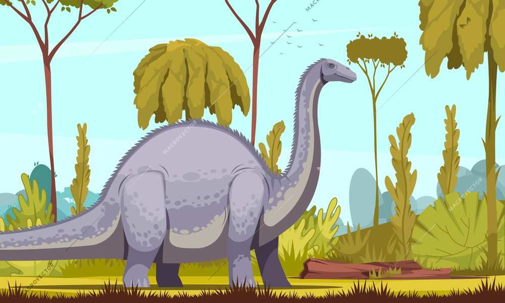 Dinosaurs horizontal vector illustration with diplodocus cartoon image as longest and largest herbivorous dinosaur