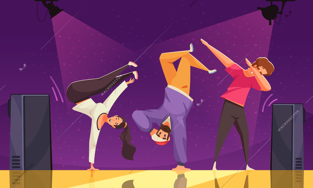 International dance day colored background with three teens dancing breakdance on scene flat vector illustration