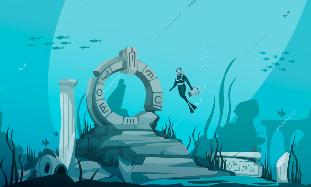 Sunken atlantis cartoon underwater background with ancient ruins and driver character vector illustration