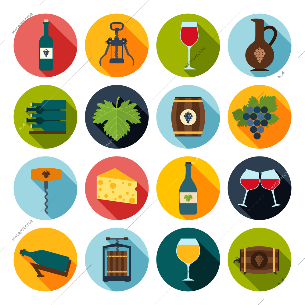 Wine icons set of grape bottle glass corkscrew isolated vector illustration