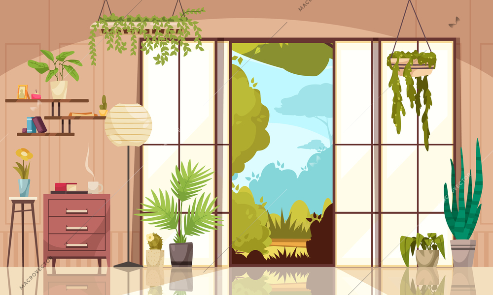 Comfortable modern living room decorated indoor deciduous green plants in pots and planters colored background flat vector illustration