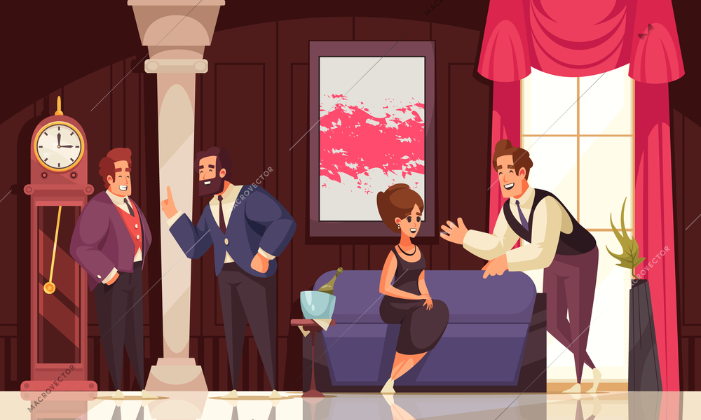 Smiling rich people coming to social event and communicating with each other colored background flat vector illustration