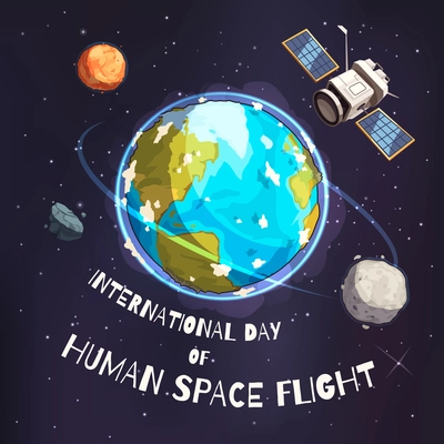 international day of human space flight vector illustration with artificial satellite of  earth at cosmic orbit