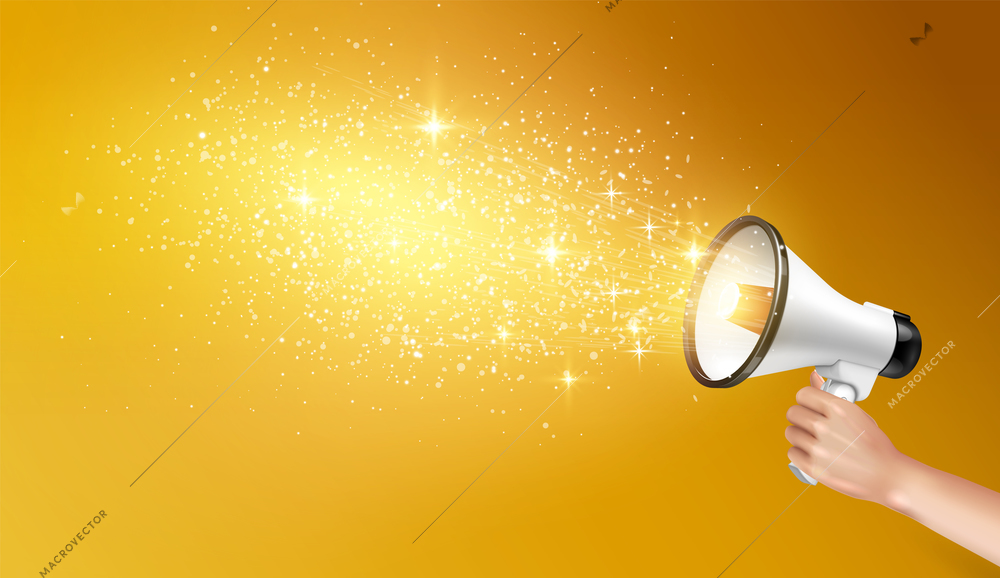 Loudspeaker megaphone realistic composition with human hand holding speaker with shining stars and particles of gold vector illustration