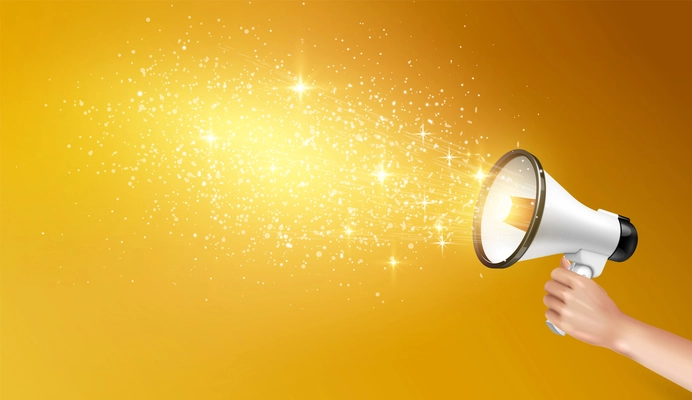 Loudspeaker megaphone realistic composition with human hand holding speaker with shining stars and particles of gold vector illustration