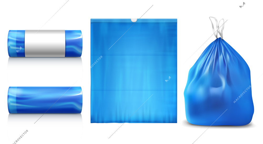 Plastic trash bag realistic set of isolated icons with wrapped pack of sacks on blank background vector illustration