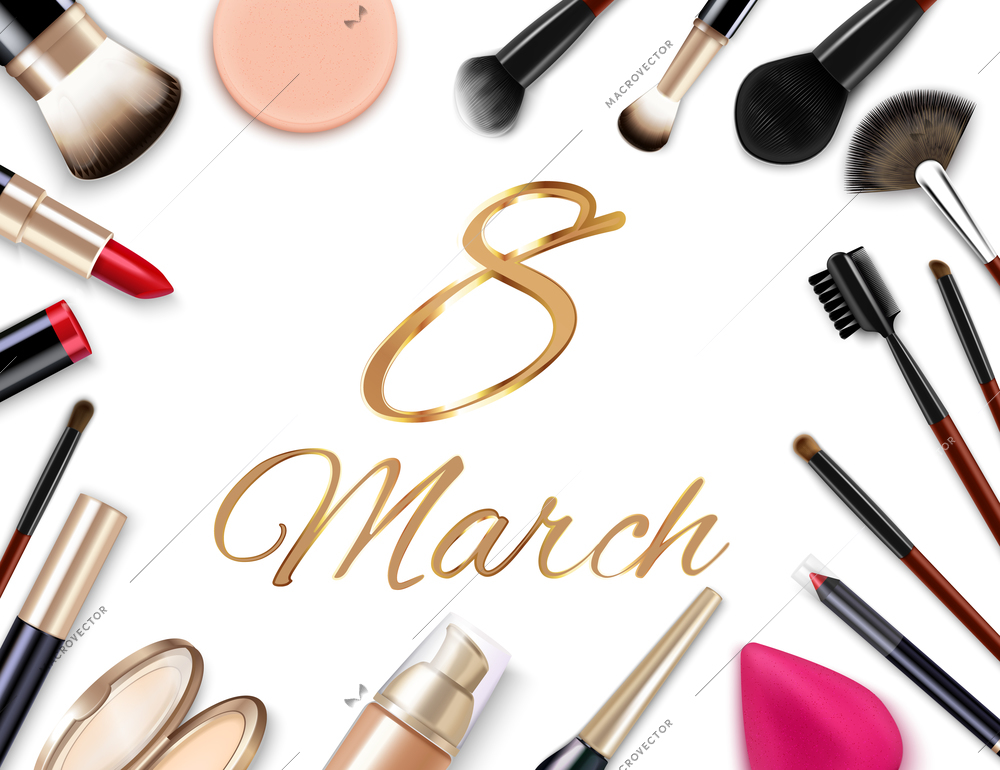 8 march womans day composition with isolated images of applicator brushes lipsticks and ornate golden text vector illustration