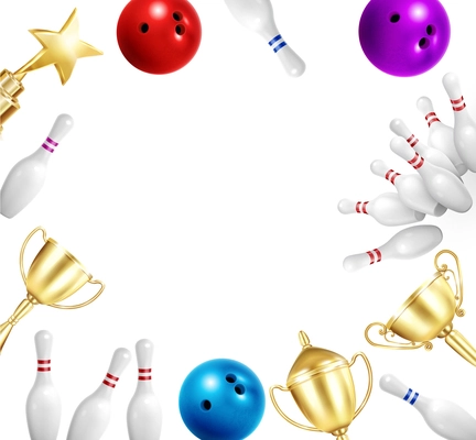 Bowling realistic frame composition with pins balls and golden cup star award images surrounding empty space vector illustration