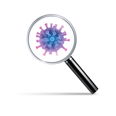 Coronavirus covid-19 research realistic composition with image of hand lens with shadow and virus bacteria vector illustration