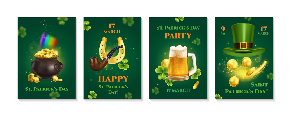 Realistic patrick day set of vertical banners with editable text announcement dates and icons irish symbols vector illustration