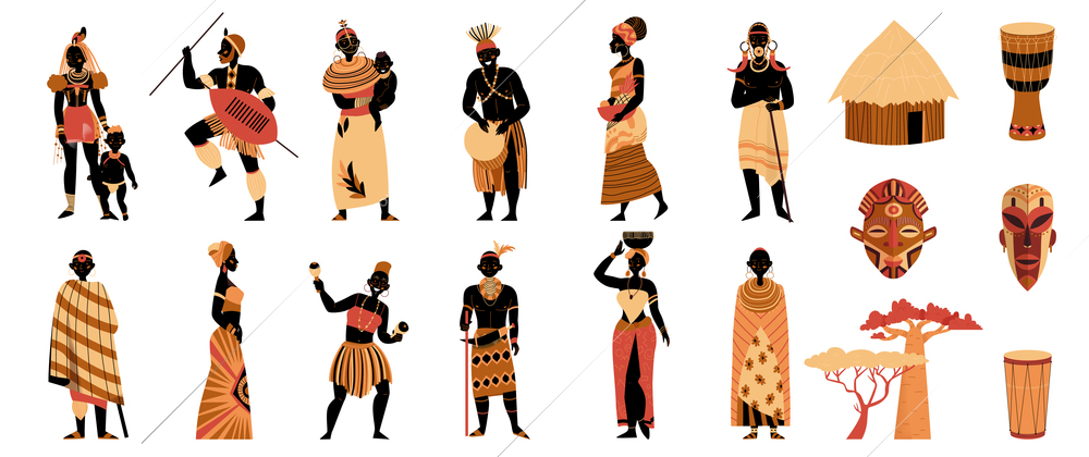 Africa color set with isolated characters of ancient tribal people with traditional costumes house and masks vector illustration