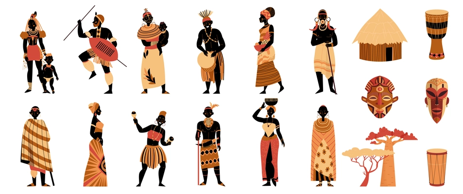 Africa color set with isolated characters of ancient tribal people with traditional costumes house and masks vector illustration