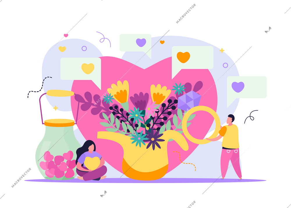 Valentines day flat composition with bunch of flowers surrounded by heart icons and characters of lovers vector illustration