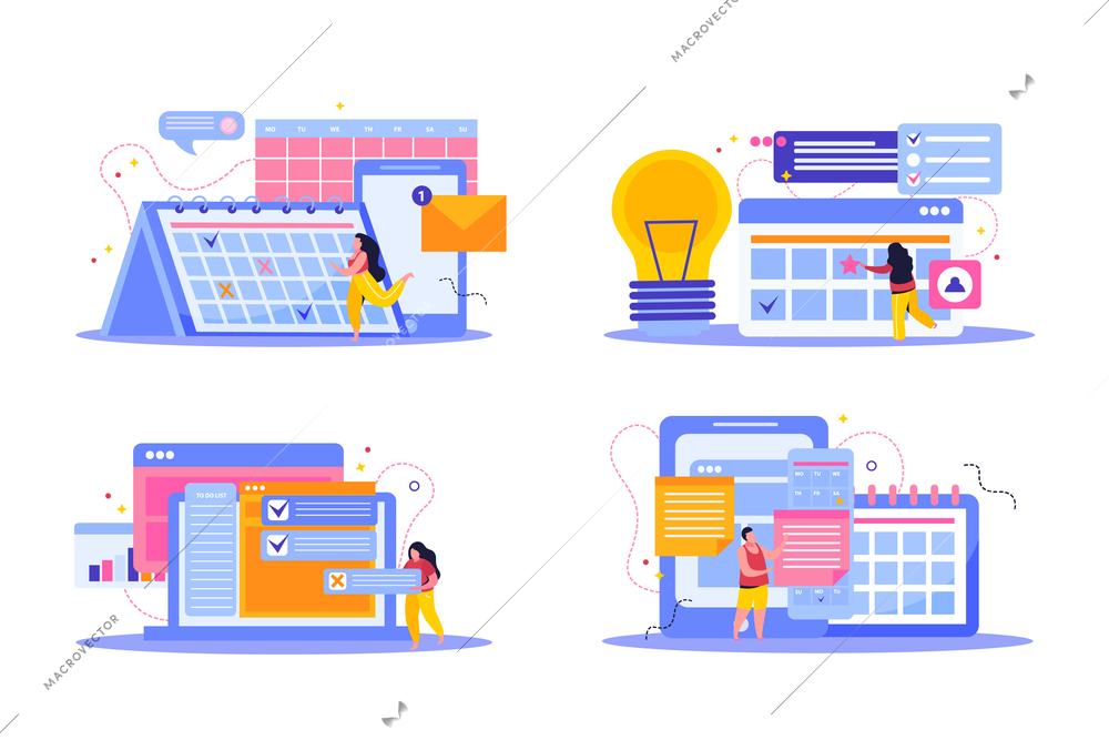 Set of four planning and scheduling flat compositions with gadgets computers and flip calendars with people vector illustration