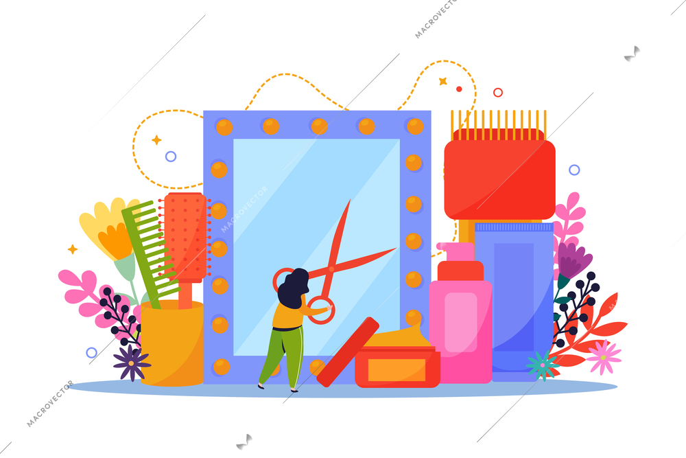 Hair care flat composition with female character holding scissors in front of mirror with combs creams vector illustration