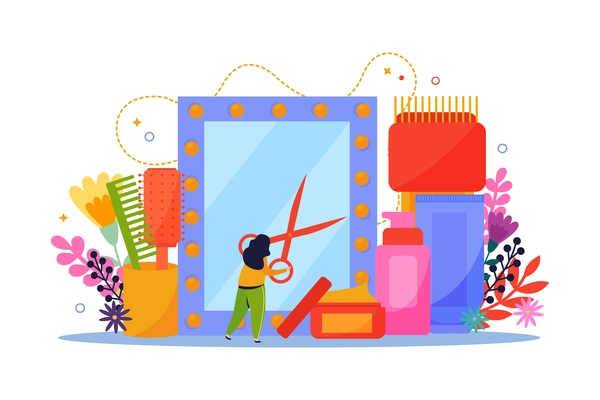 Hair care flat composition with female character holding scissors in front of mirror with combs creams vector illustration