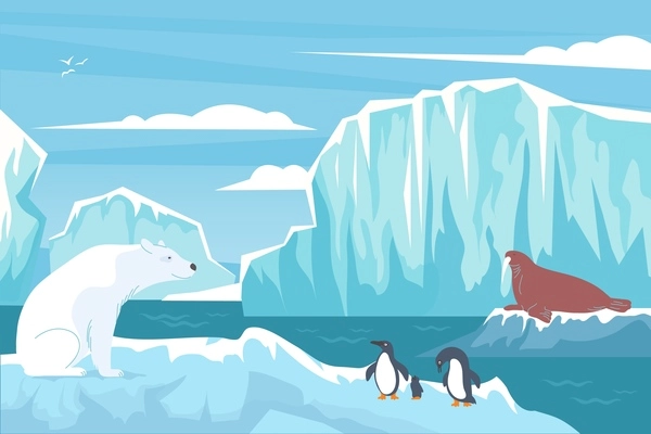 Wildlife polar flat composition with nordic landscape blocks of ice cliffs white bear penguins and seal vector illustration