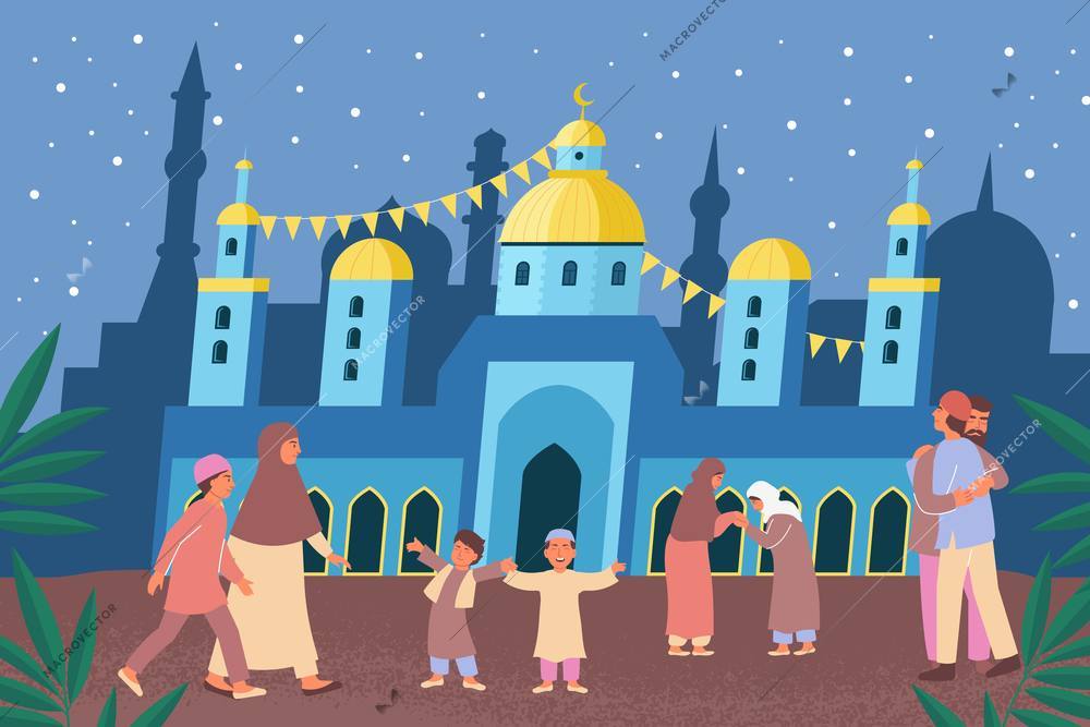 Ramadan eid mubarak flat composition with decorated temple background and muslim people characters of different age vector illustration