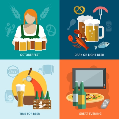 Dark and light beer Oktoberfest great evening flat icons set isolated vector illustration