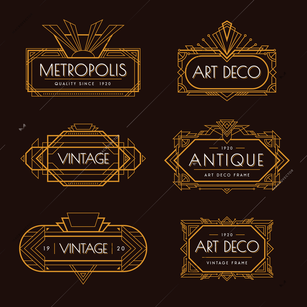 Art deco 6 fine golden geometric style luxury labels templates set black background isolated antique vector illustration