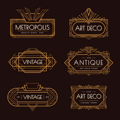 Art deco 6 fine golden geometric style luxury labels templates set black background isolated antique vector illustration