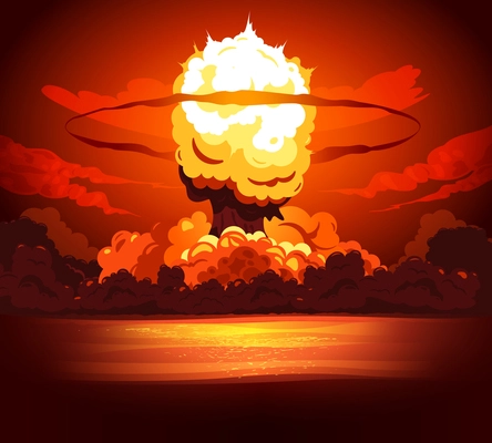 Powerful bomb explosion bang producing enormous mushroom shaped fiery cloud with heat glow colors surroundings vector illustration