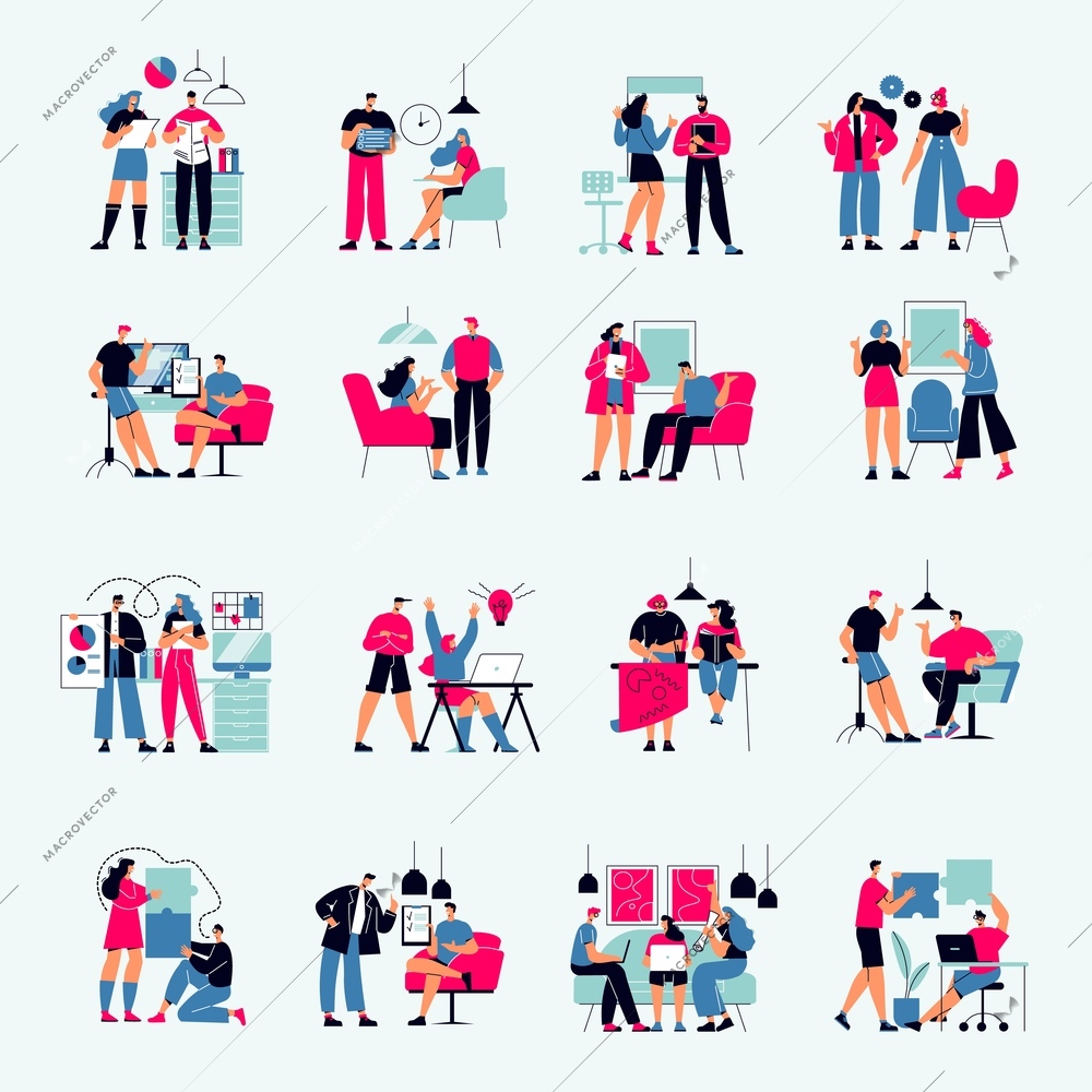 Successful team set of isolated icons human characters of communicating people workplace elements and office furniture vector illustration