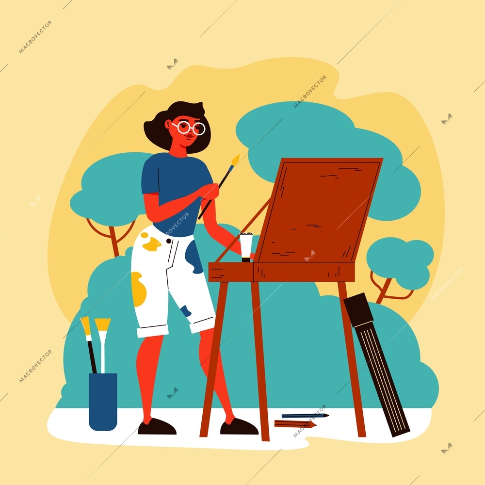 Artist outdoor plain air composition with park scenery with trees and drawing easel with female painter vector illustration