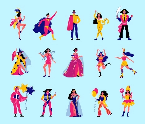 Carnival color set of isolated icons with doodle human characters wearing expressive costumes of epic heroes vector illustration