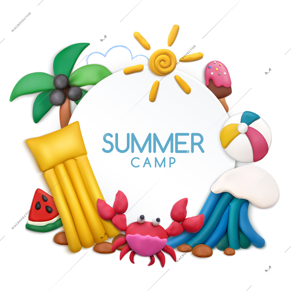 Plasticine summer camp concept with holiday time symbols  vector illustration