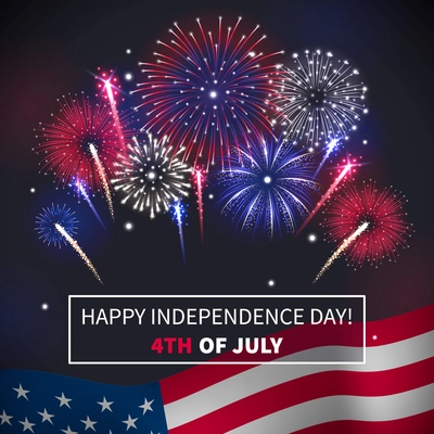 Happy independence day realistic background with bursting fireworks and america flag vector illustration