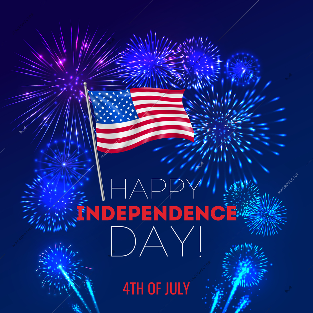 Realistic fireworks 4 july usa background with composition of festive firework display and editable text overlay vector illustration