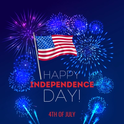 Realistic fireworks 4 july usa background with composition of festive firework display and editable text overlay vector illustration