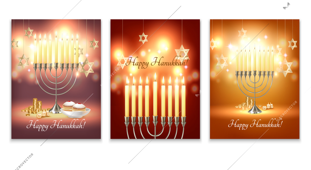 Happy hanukkah jewish festival celebration greeting banners with menora candelabrum lights six pointed david star symbols vector illustration