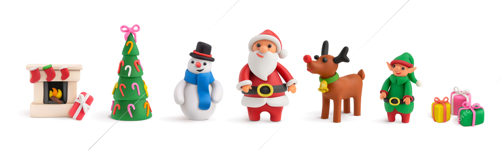 Christmas realistic set of plasticine figures of santa claus christmas tree snowman fawn dwarf fireplace with gifts cartoon vector illustration