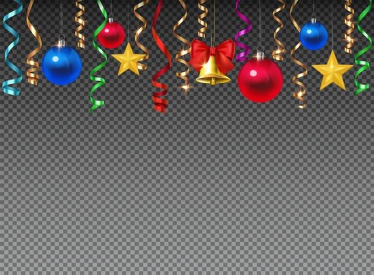 Christmas decoration transparent composition with tinsel and ball symbols realistic vector illustration