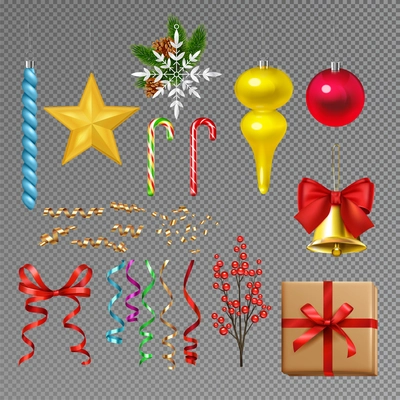 Christmas decoration transparent set with celebration symbols realistic isolated vector illustration