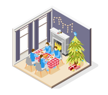 Christmas mood isometric composition with family festive dining home decorated with tree and light garland vector illustration