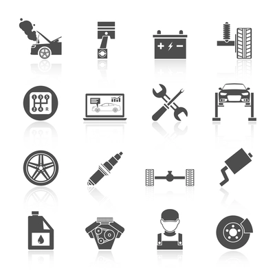 Auto car service icons black set of battery tires wheel engine brake repair isolated vector illustration.