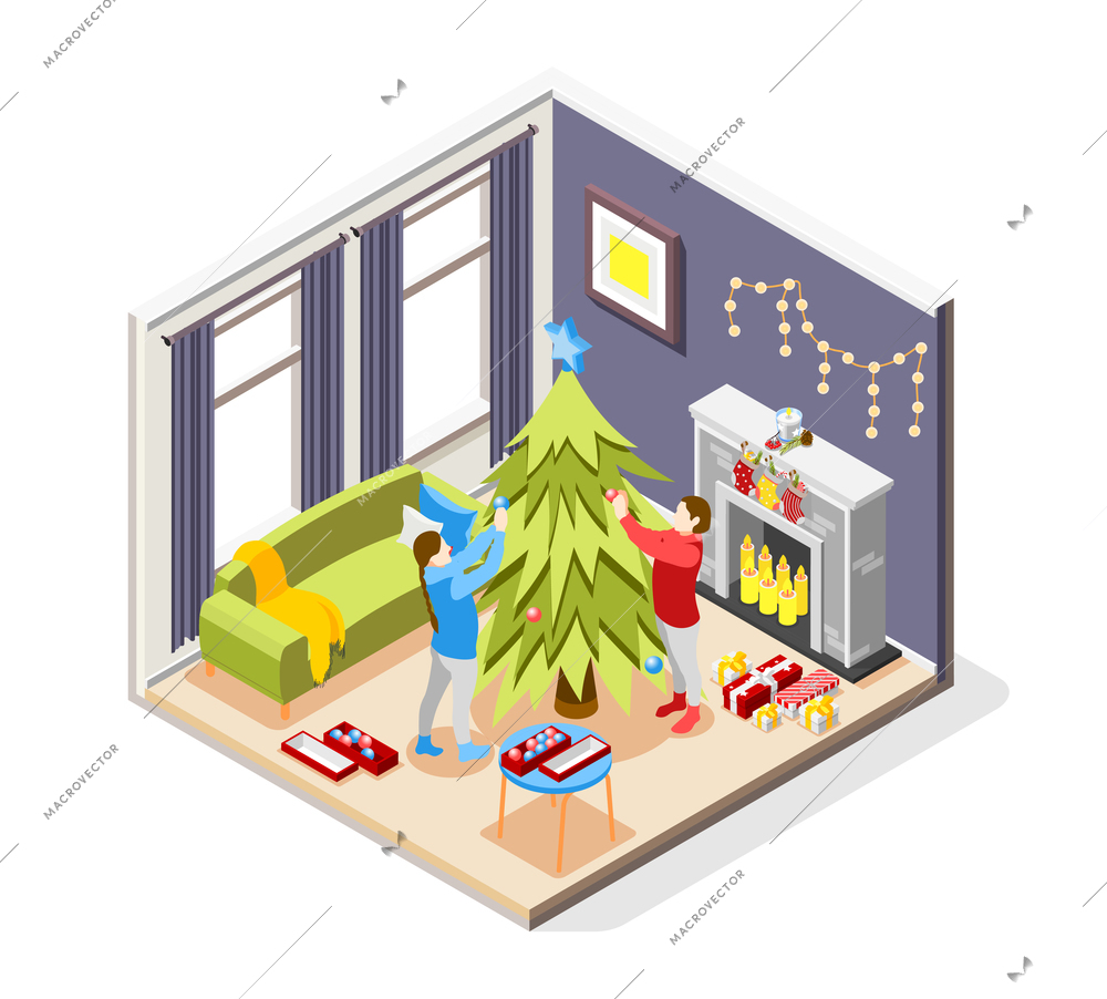 Christmas mood isometric composition with couple decorating firtree in living room fireplace and light garland vector illustration