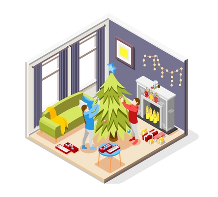 Christmas mood isometric composition with couple decorating firtree in living room fireplace and light garland vector illustration