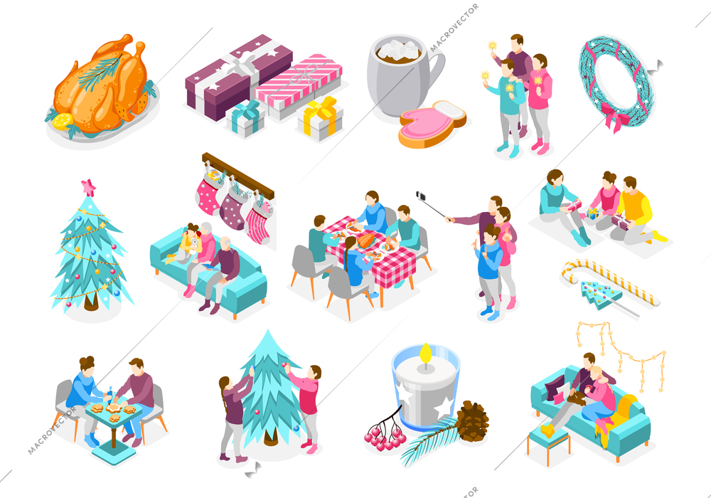 Christmas mood isometric set with festive family dinner decorated firtree presents isometric set recolor isolated vector illustration