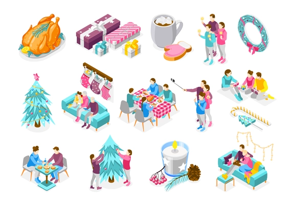 Christmas mood isometric set with festive family dinner decorated firtree presents isometric set recolor isolated vector illustration