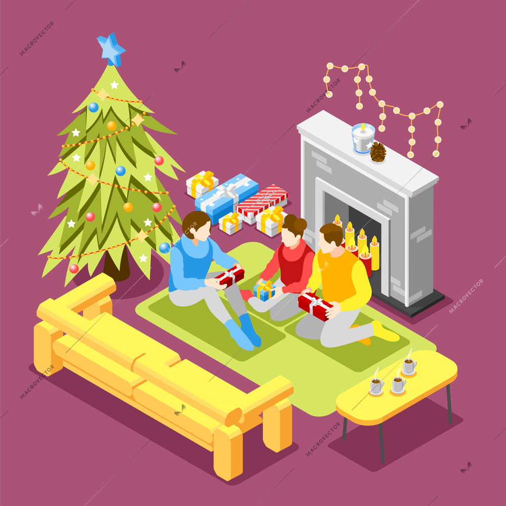 Christmas mood isometric background composition with family morning special time opening presents under fir tree vector illustration