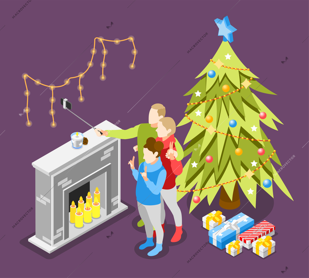 Family gathered around fireplace making selfie on smartphone over christmas tree and presents background isometric vector illustration