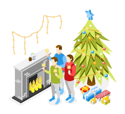 Family burning bengal lights sparklers near fireplace presents placed beneath christmas tree background isometric compositions vector illustration