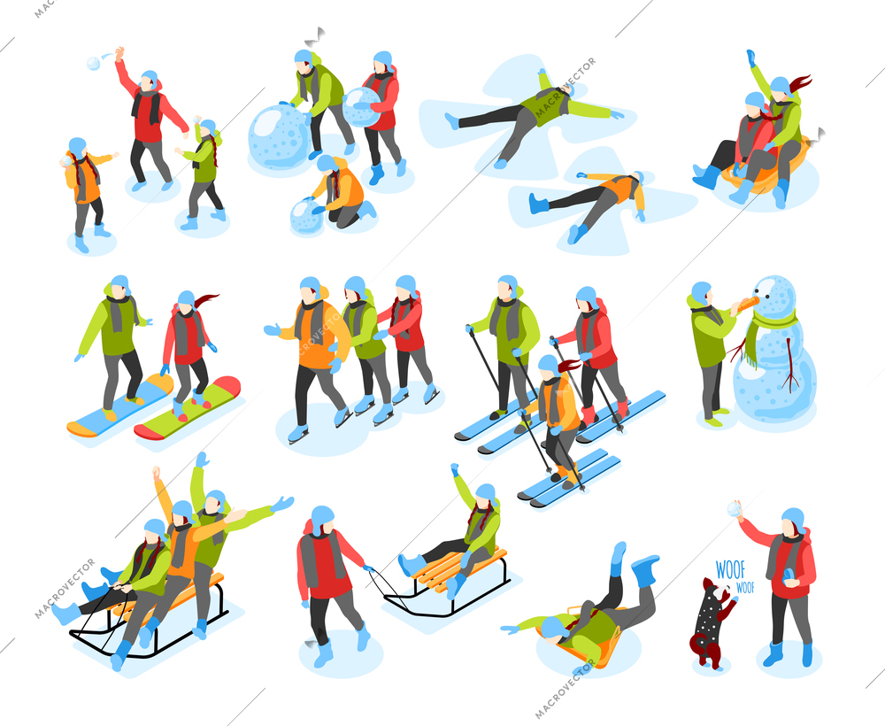 Winter fun isometric icons set with sleighing skiing snowboarding building snowman making snow angels isolated vector illustration