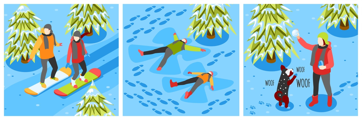 Winter fun outdoor playing with dog skateboarding in forest making snow angels 3 isometric compositions vector illustration