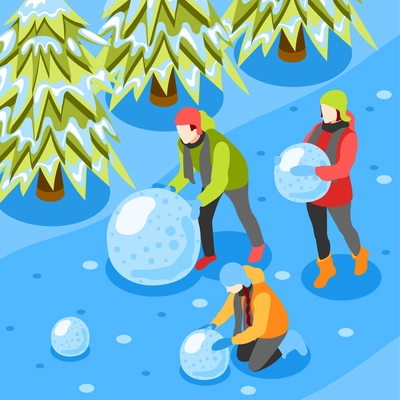 Winter fun isometric composition with family enjoying making snowballs in fir pine trees resort forest vector illustration